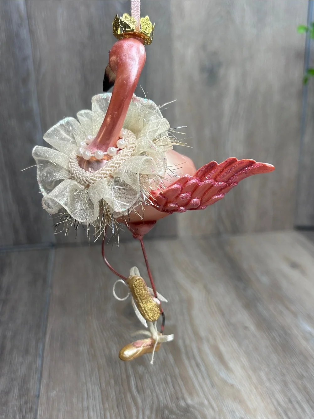 Vintage Pink Flamingo Ballerina Ornament with Cream Tulle Collar and Gold Crown